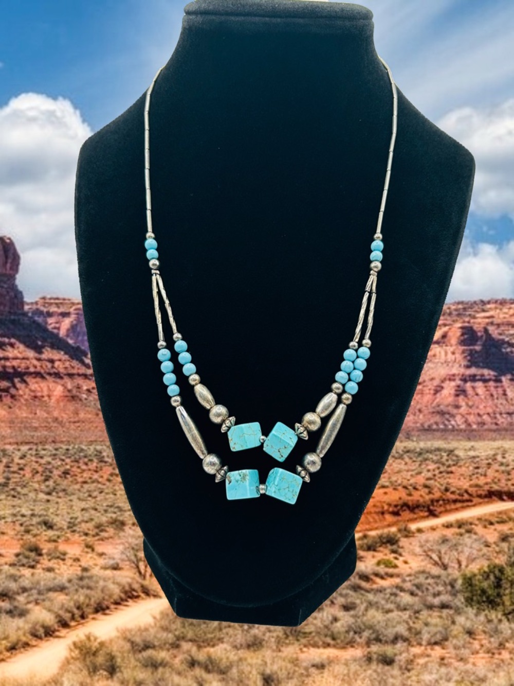 Artisan Southwestern Double-Strand Necklace - Turquoise-Blue Geometric Cubes